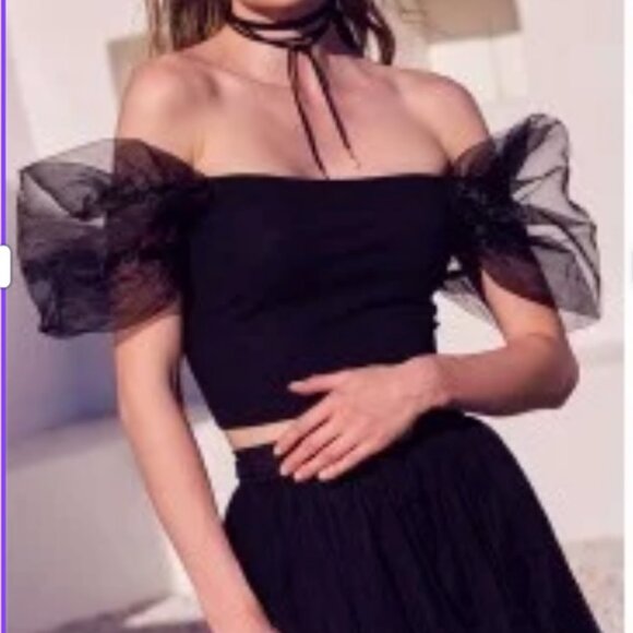 NWOT EXPRESS Feminine Black Off Shoulder Sheer Puff Sleeve Blouse XS Stretch Top - Picture 9 of 16
